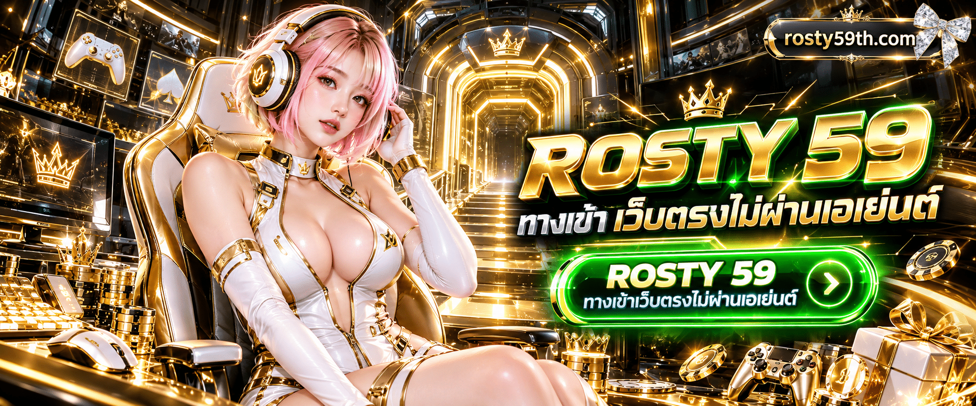 ภาพปุ่มกดกราฟิกสีเขียวนีออนเรืองแสงระบุข้อความ ROSTY 59 ทางเข้าเว็บตรงไม่ผ่านเอเย่นต์ บนพื้นหลังมืด