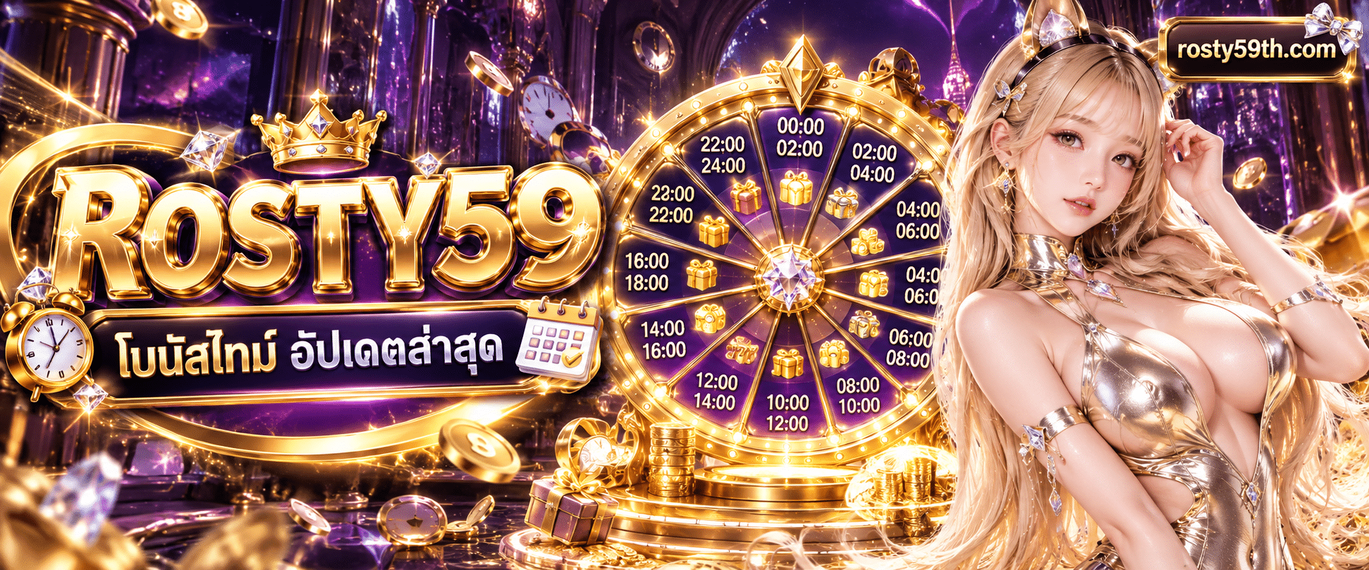 กราฟิกวงล้อหมุนสีทองนำโชคแสดงตาราง ROSTY59 โบนัสไทม์อัปเดตล่าสุด บนพื้นหลังสีม่วงเข้ม